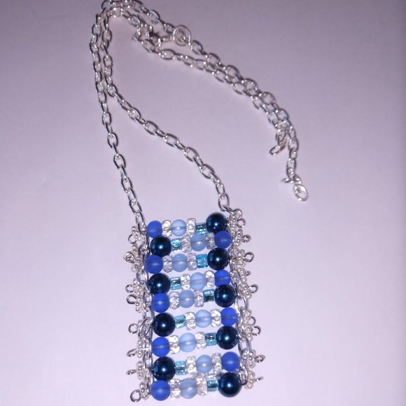 Handmade Blue Beaded Statement Necklace With Silver Tone Chains - Picture 2 of 16